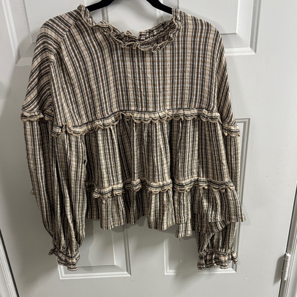 Pilcro Beige and Black Striped Blouse